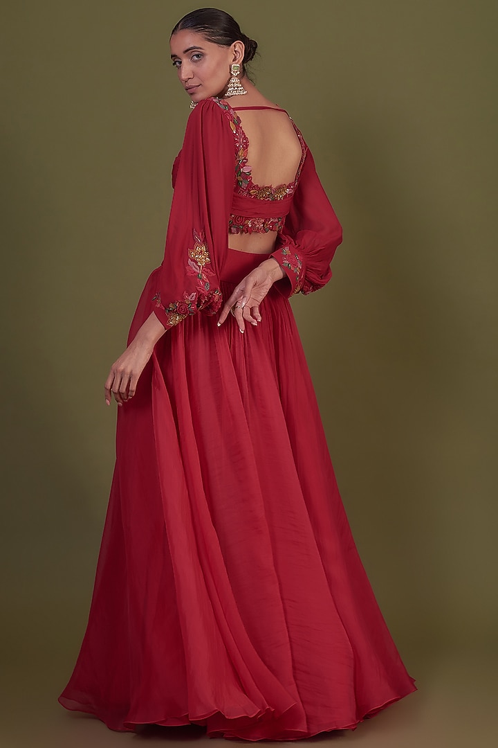 Red Organza & Net Embroidered Wedding Lehenga Set by Ridhi Mehra at Pernia's Pop Up Shop
