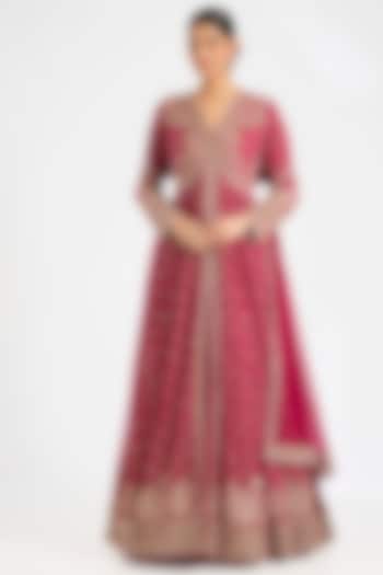 Red Silk Embroidered Bridal Anarkali Set by Ridhi Mehra at Pernia's Pop Up Shop