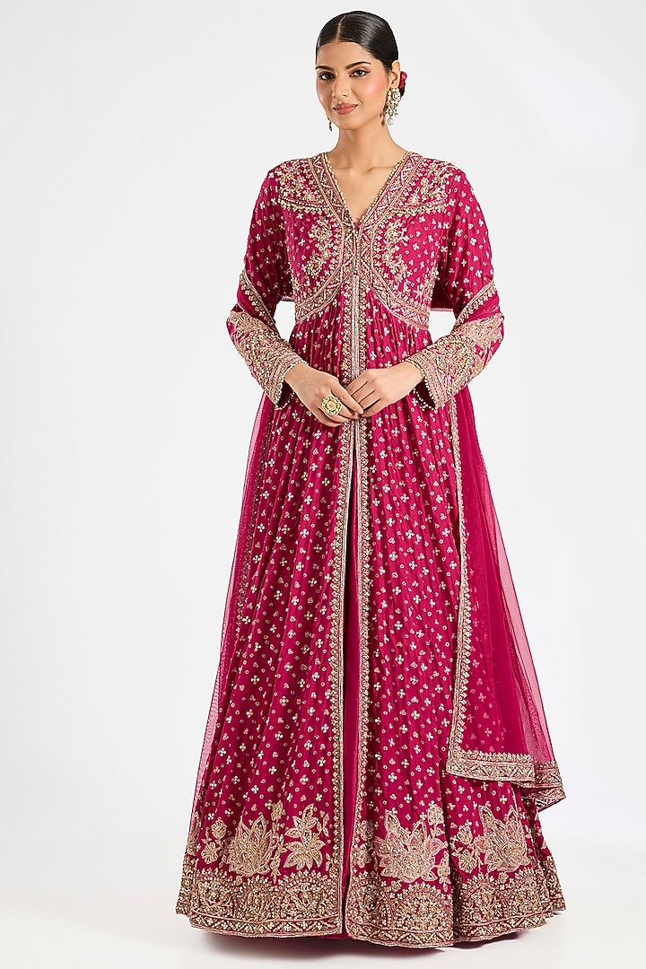 Red Silk Embroidered Bridal Anarkali Set by Ridhi Mehra at Pernia's Pop Up Shop