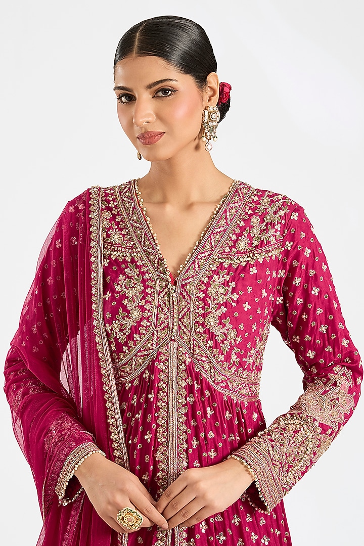 Red Silk Embroidered Bridal Anarkali Set by Ridhi Mehra at Pernia's Pop Up Shop
