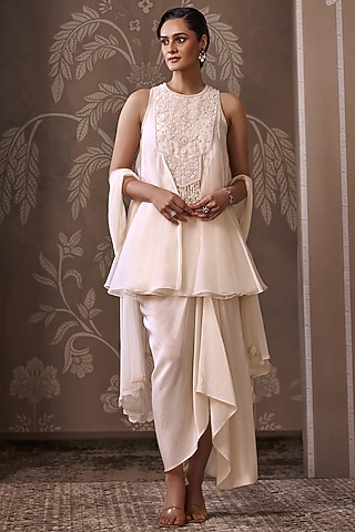 Ivory Silk Draped Skirt Set by Ridhi Mehra