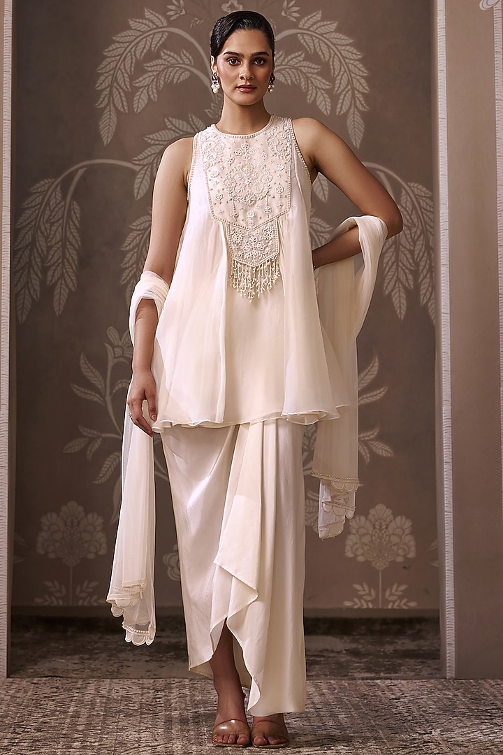 Ivory Silk Draped Skirt Set by Ridhi Mehra at Pernia's Pop Up Shop