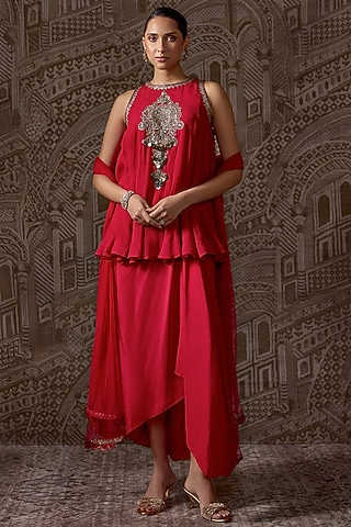 Red Chiffon Embroidered Short Kurta Set by Ridhi Mehra
