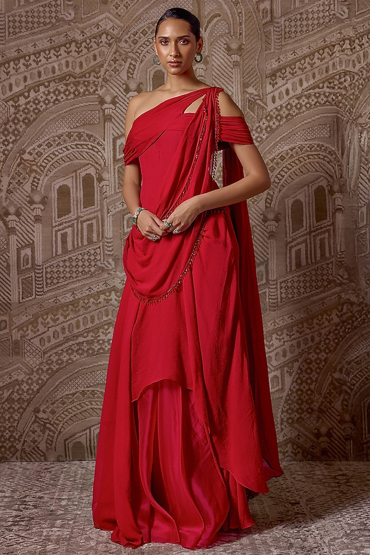Red Tissue Embroidered Draped Corset Reception Saree Set by Ridhi Mehra at Pernia's Pop Up Shop