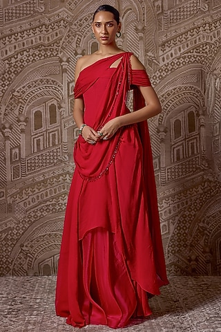 Red Tissue Embroidered Draped Corset Saree Set by Ridhi Mehra