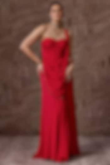 Red Chiffon Embellished Draped Reception Gown Saree by Ridhi Mehra at Pernia's Pop Up Shop