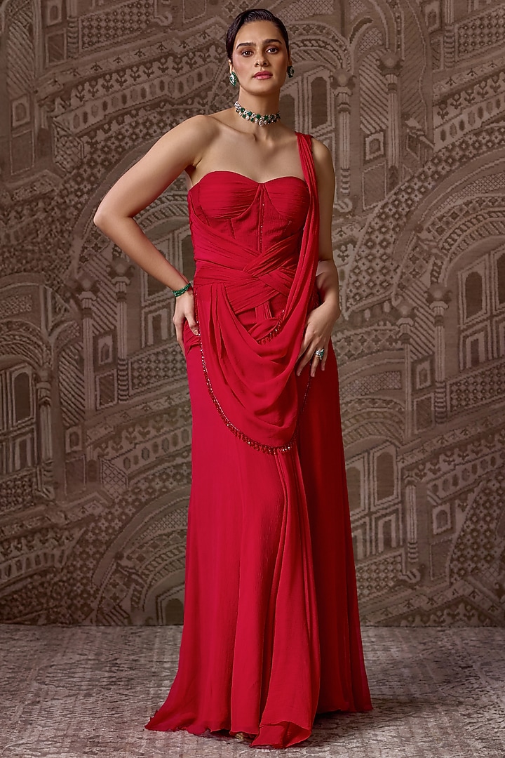 Red Chiffon Embellished Draped Reception Gown Saree by Ridhi Mehra at Pernia's Pop Up Shop