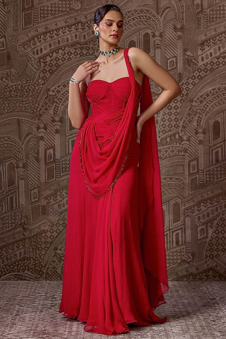 Red Chiffon Embellished Draped Reception Gown Saree by Ridhi Mehra at Pernia's Pop Up Shop