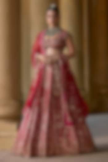 Red Raw Silk Embroidered Bridal Lehenga Set by Ridhi Mehra at Pernia's Pop Up Shop