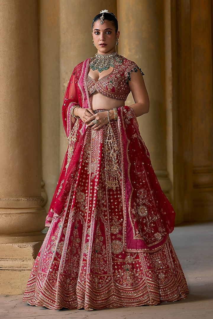 Red Raw Silk Embroidered Bridal Lehenga Set by Ridhi Mehra at Pernia's Pop Up Shop
