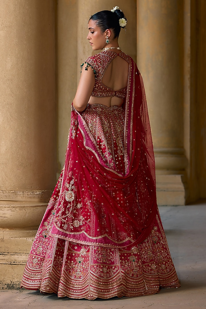 Red Raw Silk Embroidered Bridal Lehenga Set by Ridhi Mehra at Pernia's Pop Up Shop