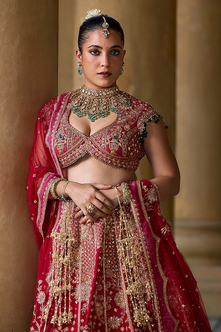 Red Raw Silk Embroidered Bridal Lehenga Set by Ridhi Mehra at Pernia's Pop Up Shop