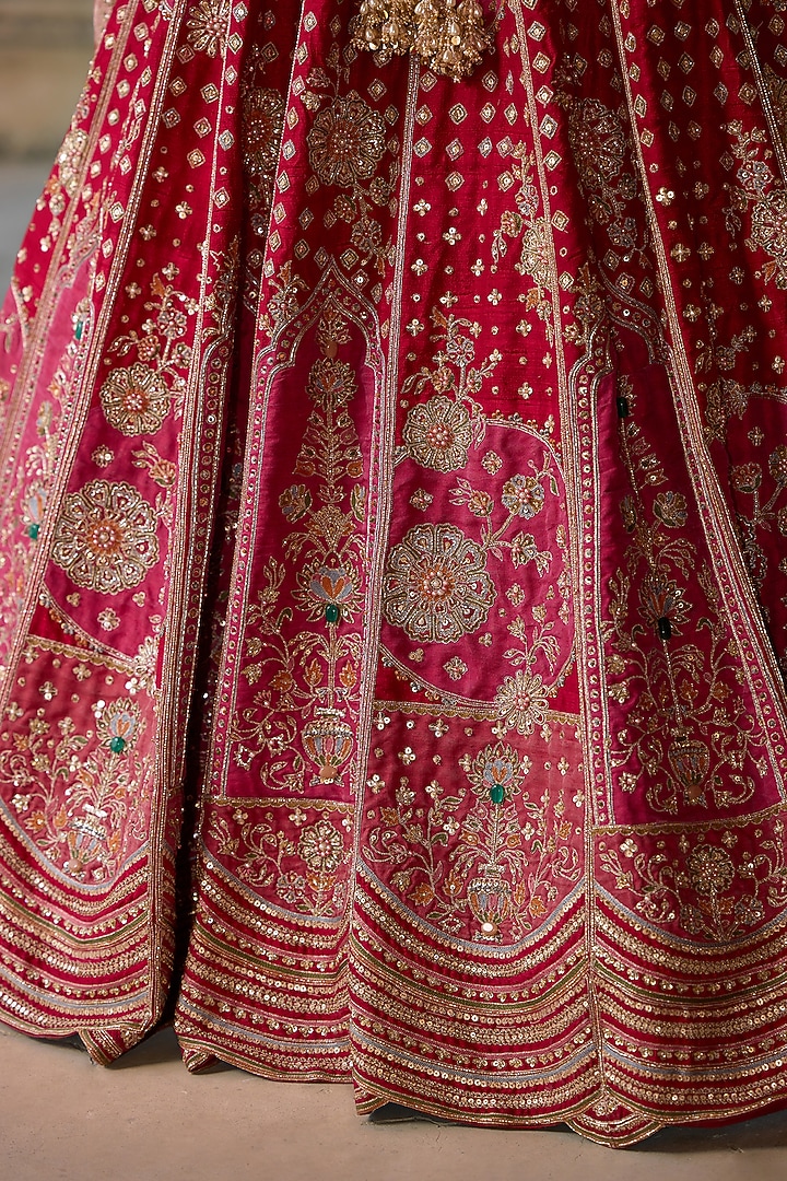 Red Raw Silk Embroidered Bridal Lehenga Set by Ridhi Mehra at Pernia's Pop Up Shop