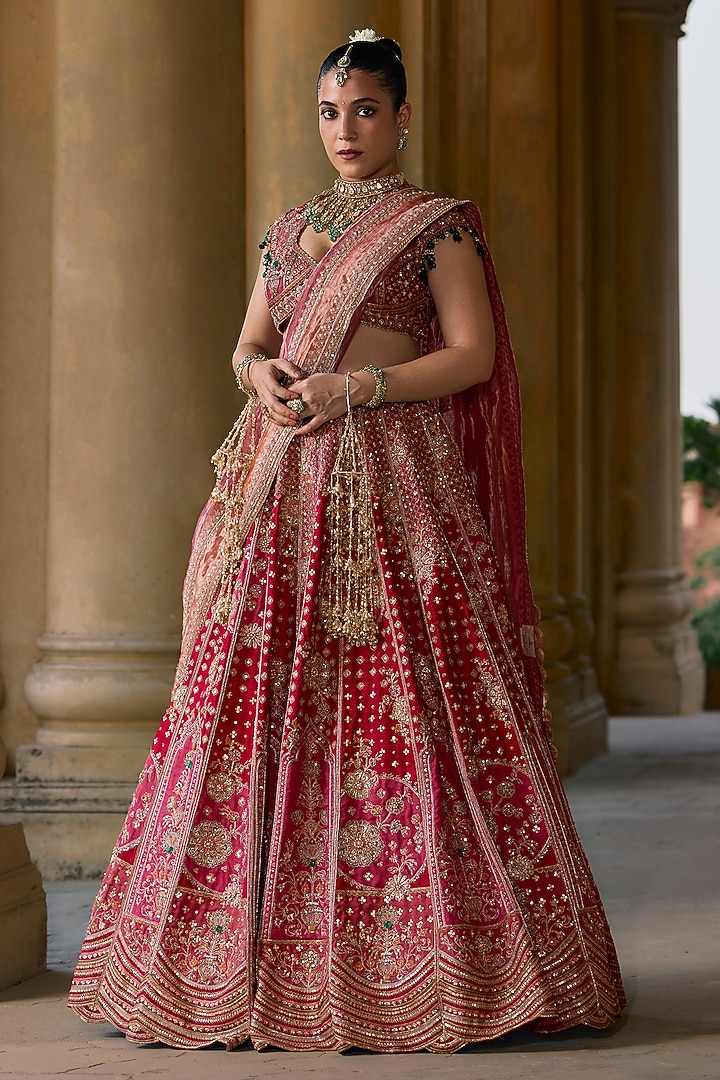 Red Raw Silk Embroidered Bridal Lehenga Set by Ridhi Mehra at Pernia's Pop Up Shop