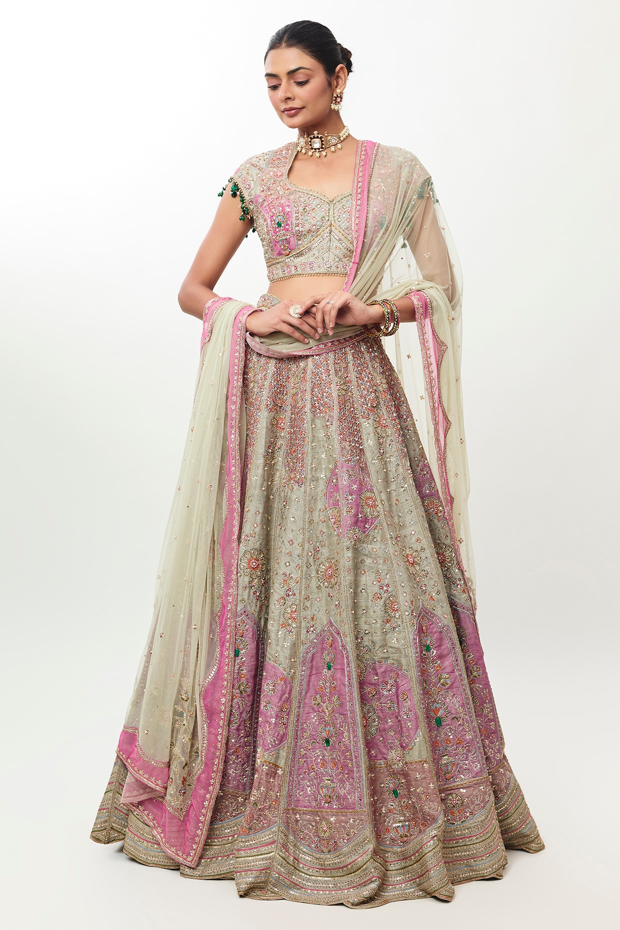 Ridhi Mehra Sage Green Raw Silk Embroidered Bridal Lehenga Set