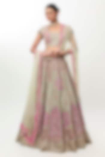 Sage Green Raw Silk Embroidered Bridal Bridal Lehenga Set by Ridhi Mehra at Pernia's Pop Up Shop
