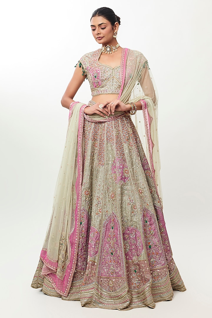 Sage Green Raw Silk Embroidered Bridal Bridal Lehenga Set by Ridhi Mehra at Pernia's Pop Up Shop