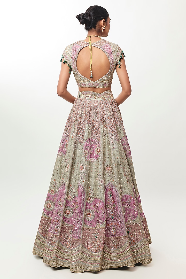 Sage Green Raw Silk Embroidered Bridal Bridal Lehenga Set by Ridhi Mehra at Pernia's Pop Up Shop