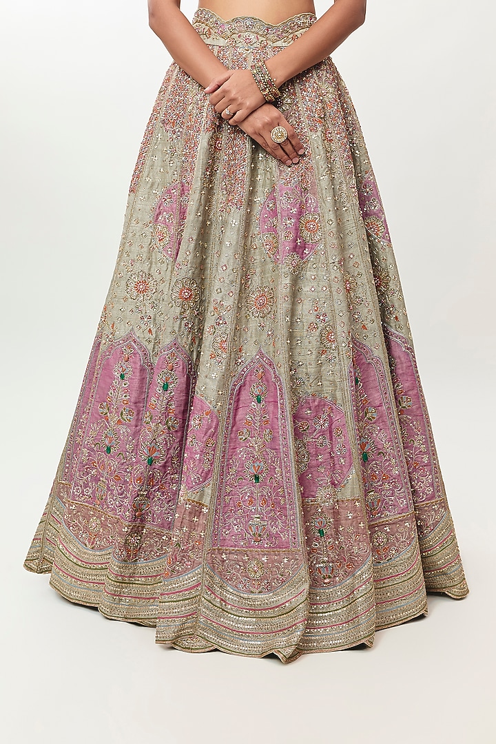 Sage Green Raw Silk Embroidered Bridal Bridal Lehenga Set by Ridhi Mehra at Pernia's Pop Up Shop