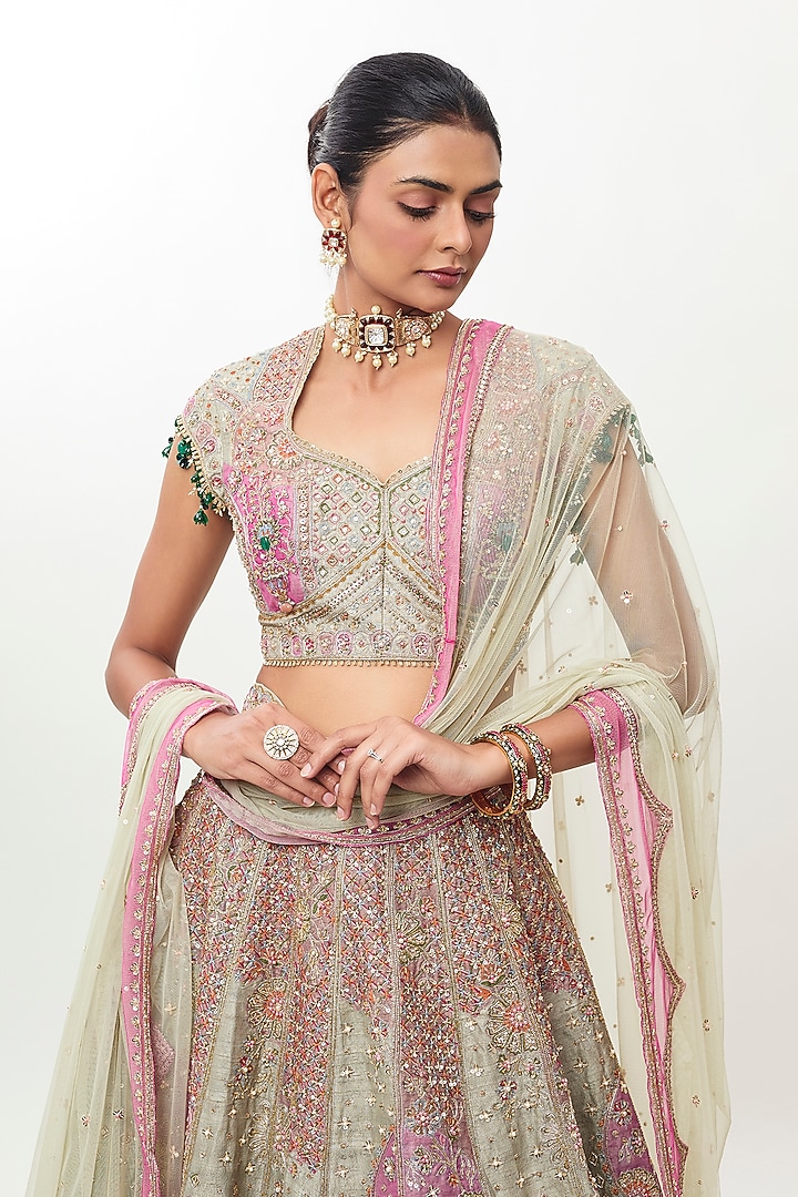 Sage Green Raw Silk Embroidered Bridal Bridal Lehenga Set by Ridhi Mehra at Pernia's Pop Up Shop