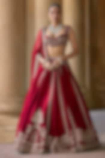 Red Raw Silk Embroidered Bridal Lehenga Set by Ridhi Mehra at Pernia's Pop Up Shop