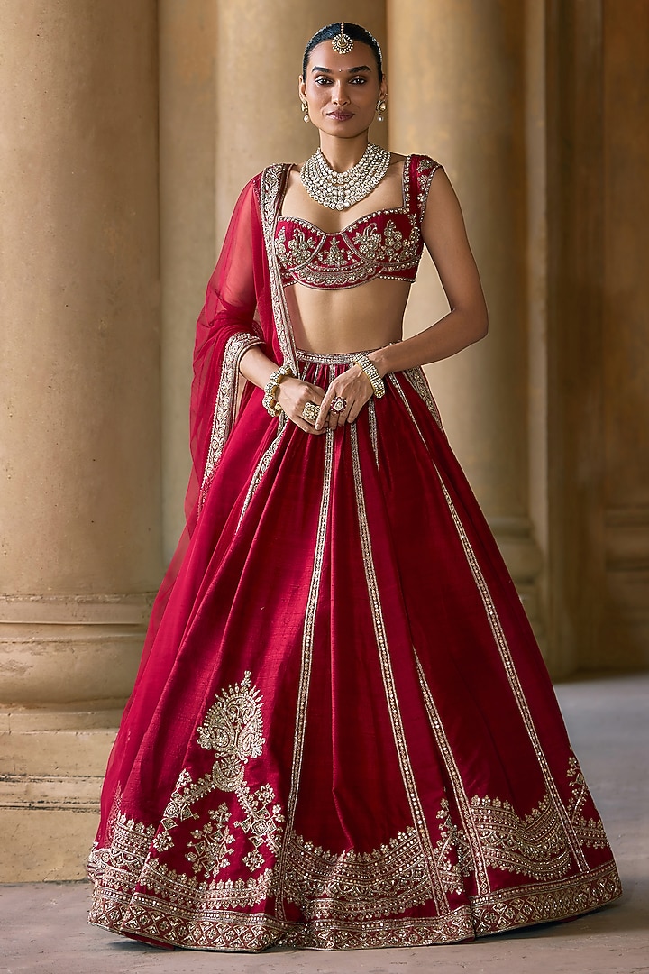 Red Raw Silk Embroidered Bridal Lehenga Set by Ridhi Mehra at Pernia's Pop Up Shop