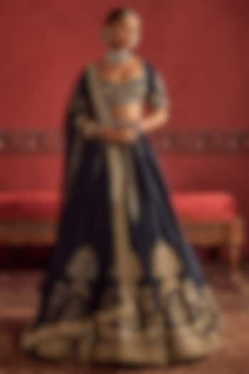 Navy Blue Raw Silk Embroidered Bridal Bridal Lehenga Set by Ridhi Mehra at Pernia's Pop Up Shop