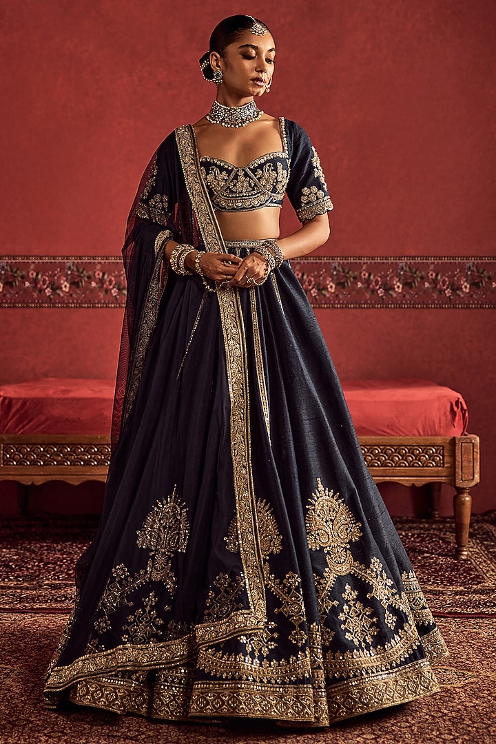 Navy Blue Raw Silk Embroidered Bridal Bridal Lehenga Set by Ridhi Mehra at Pernia's Pop Up Shop