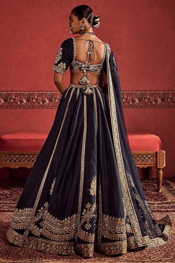 Navy Blue Raw Silk Embroidered Bridal Bridal Lehenga Set by Ridhi Mehra at Pernia's Pop Up Shop