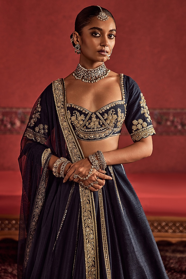 Navy Blue Raw Silk Embroidered Bridal Bridal Lehenga Set by Ridhi Mehra at Pernia's Pop Up Shop