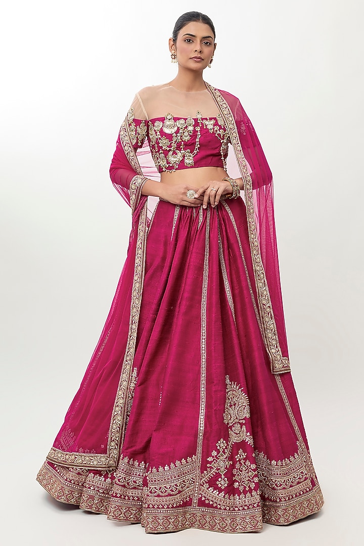 Fuchsia Raw Silk Embroidered Bridal Bridal Lehenga Set by Ridhi Mehra at Pernia's Pop Up Shop