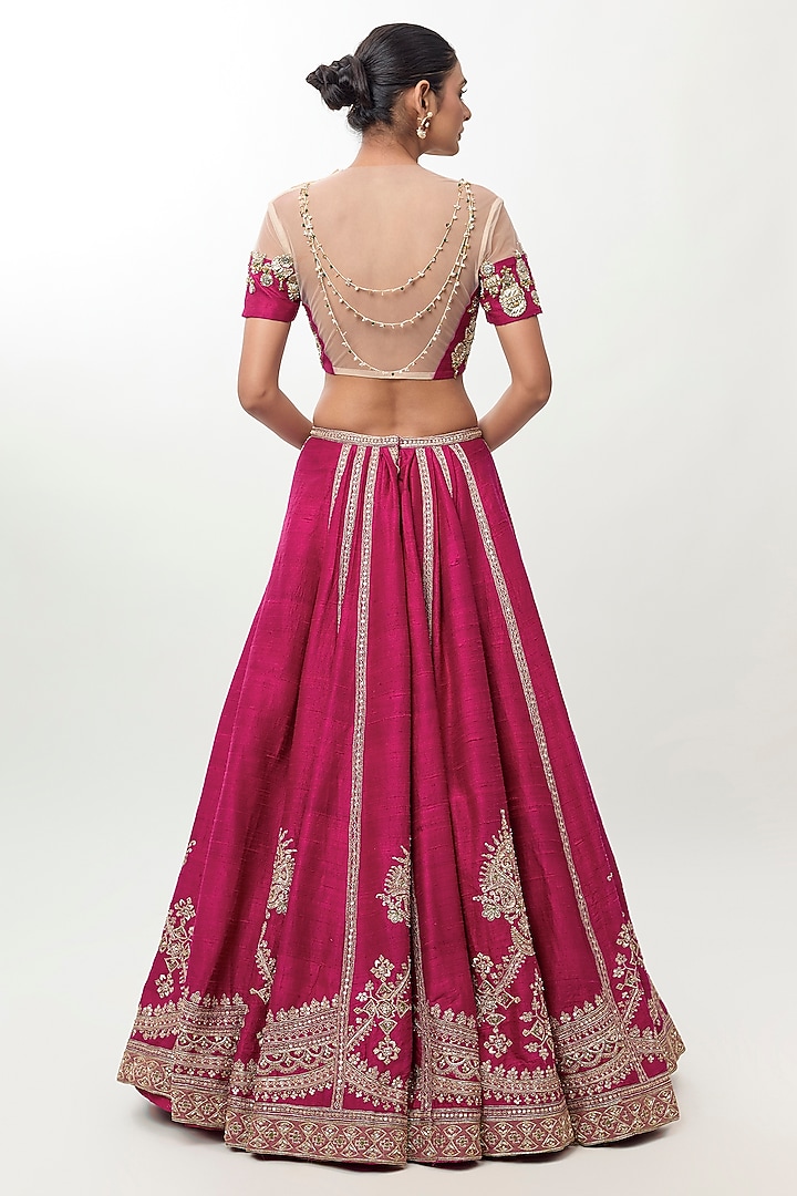 Fuchsia Raw Silk Embroidered Bridal Bridal Lehenga Set by Ridhi Mehra at Pernia's Pop Up Shop