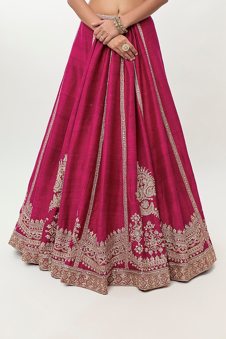 Fuchsia Raw Silk Embroidered Bridal Bridal Lehenga Set by Ridhi Mehra at Pernia's Pop Up Shop