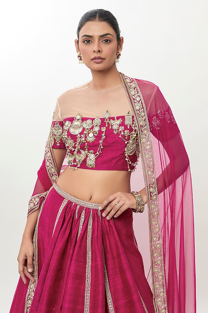 Fuchsia Raw Silk Embroidered Bridal Bridal Lehenga Set by Ridhi Mehra at Pernia's Pop Up Shop