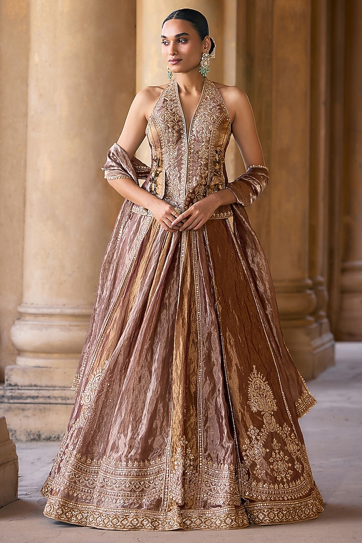 Deep Lilac Tissue Embroidered Bridal Lehenga Set by Ridhi Mehra at Pernia's Pop Up Shop