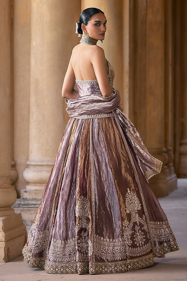 Deep Lilac Tissue Embroidered Bridal Lehenga Set by Ridhi Mehra at Pernia's Pop Up Shop