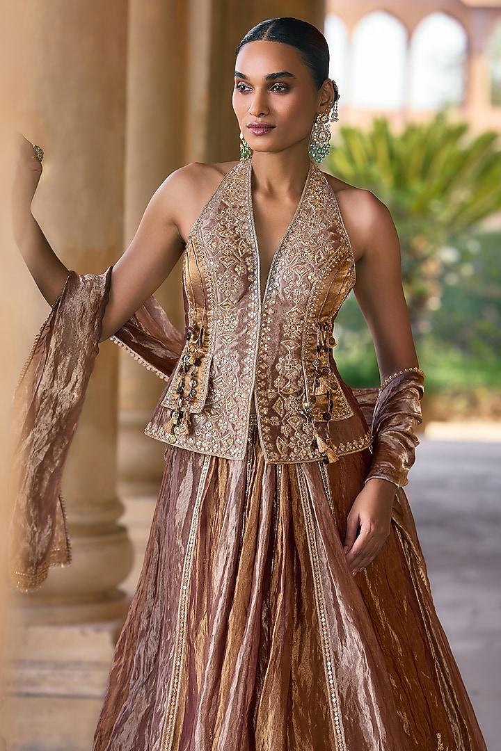 Deep Lilac Tissue Embroidered Bridal Lehenga Set by Ridhi Mehra at Pernia's Pop Up Shop