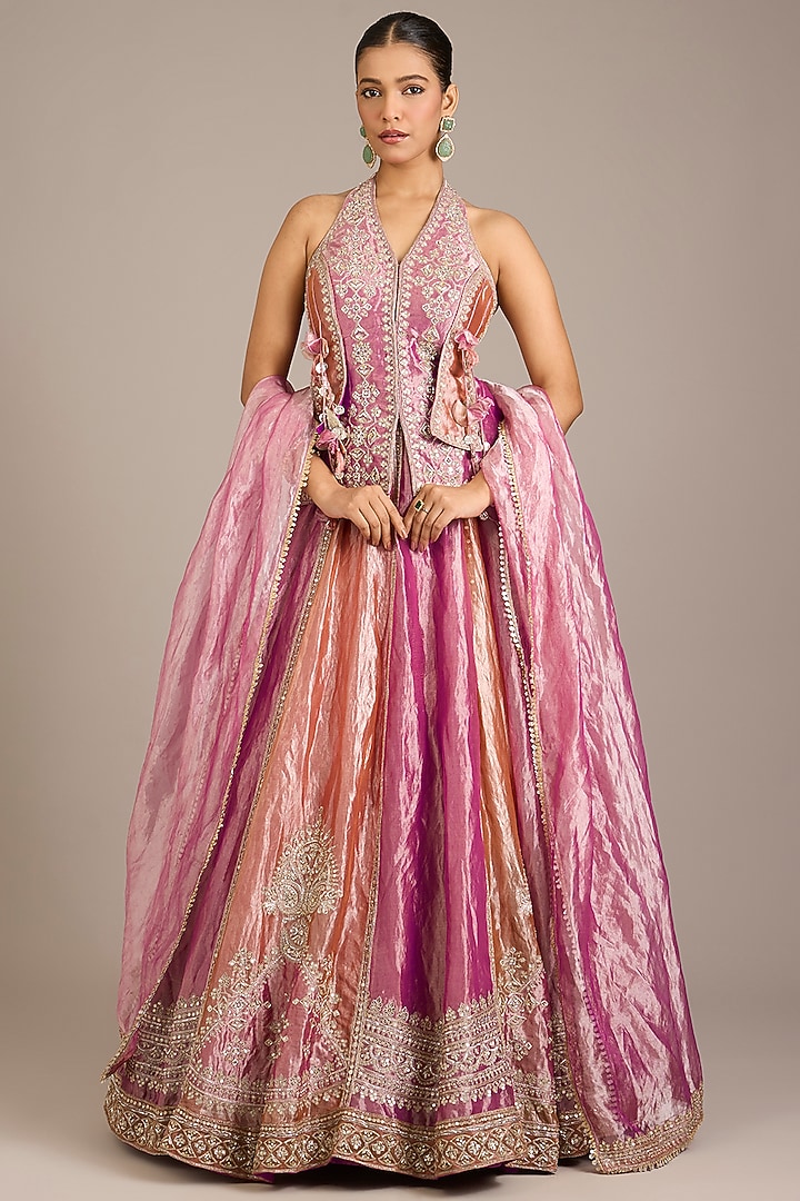 Fuchsia Tissue Embroidered Bridal Lehenga Set by Ridhi Mehra at Pernia's Pop Up Shop