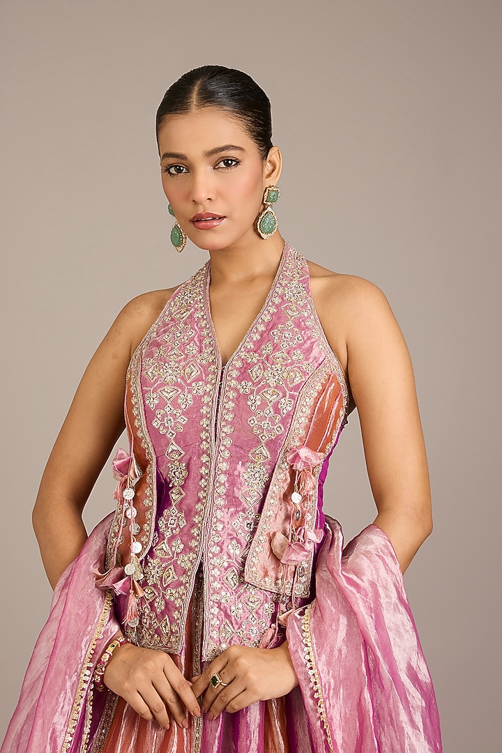 Fuchsia Tissue Embroidered Bridal Lehenga Set by Ridhi Mehra at Pernia's Pop Up Shop