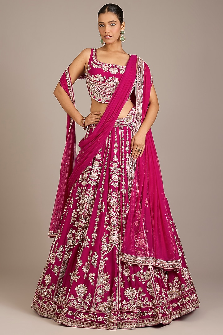 Fuchsia Georgette Embroidered Bridal Lehenga Set by Ridhi Mehra at Pernia's Pop Up Shop