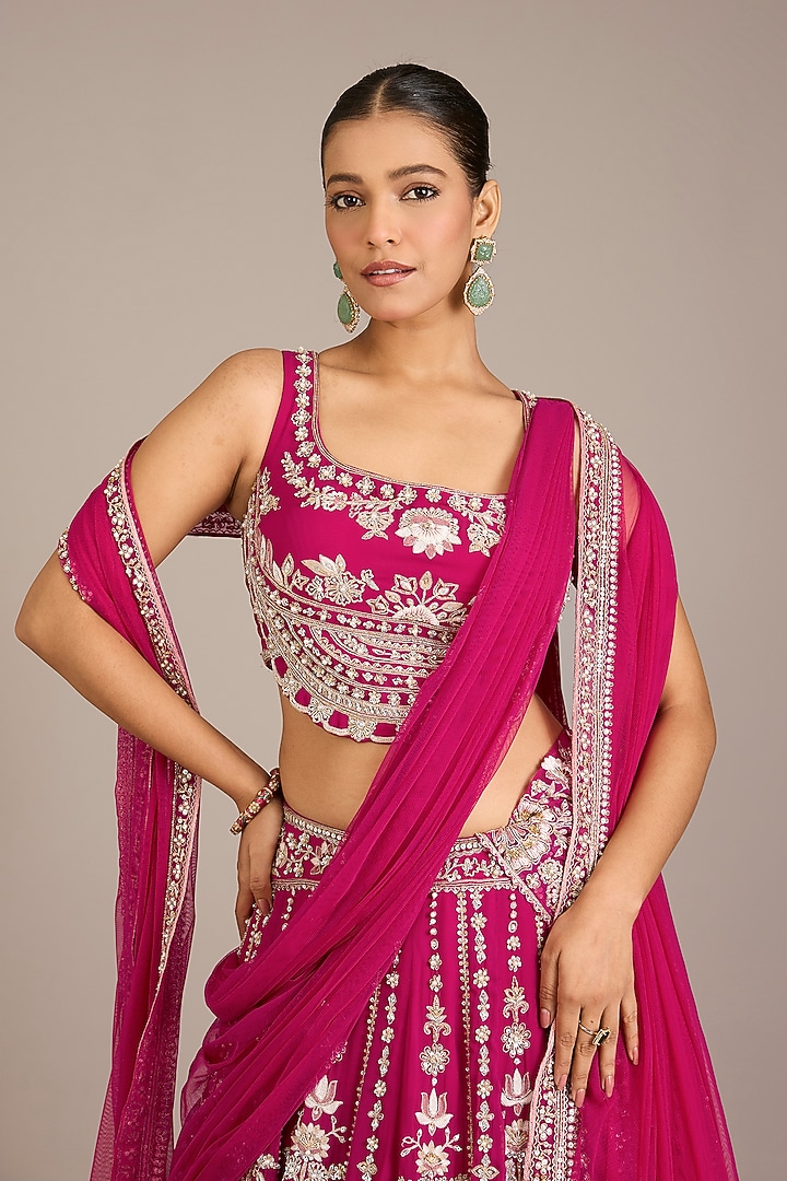 Fuchsia Georgette Embroidered Bridal Lehenga Set by Ridhi Mehra at Pernia's Pop Up Shop