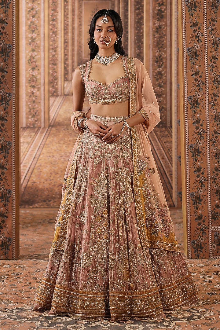 Pink & Gold Tissue Embroidered Bridal Bridal Lehenga Set by Ridhi Mehra at Pernia's Pop Up Shop