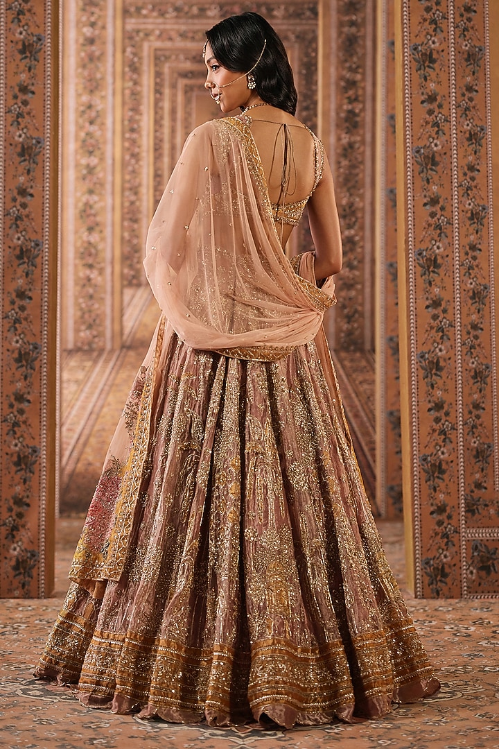 Pink & Gold Tissue Embroidered Bridal Bridal Lehenga Set by Ridhi Mehra at Pernia's Pop Up Shop