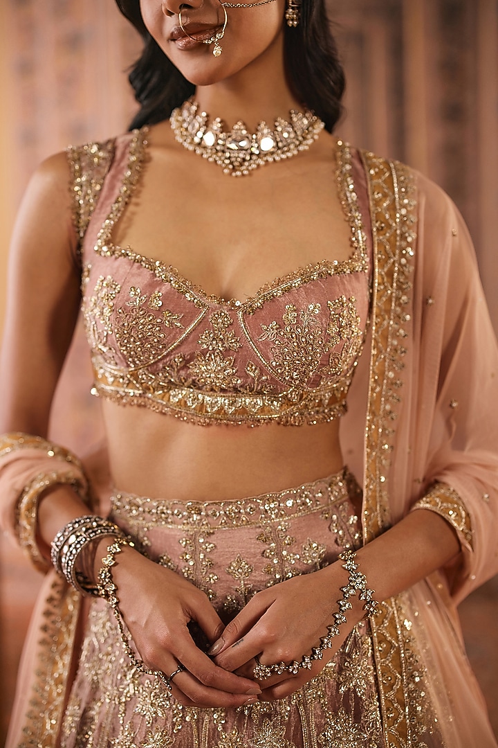 Pink & Gold Tissue Embroidered Bridal Bridal Lehenga Set by Ridhi Mehra at Pernia's Pop Up Shop