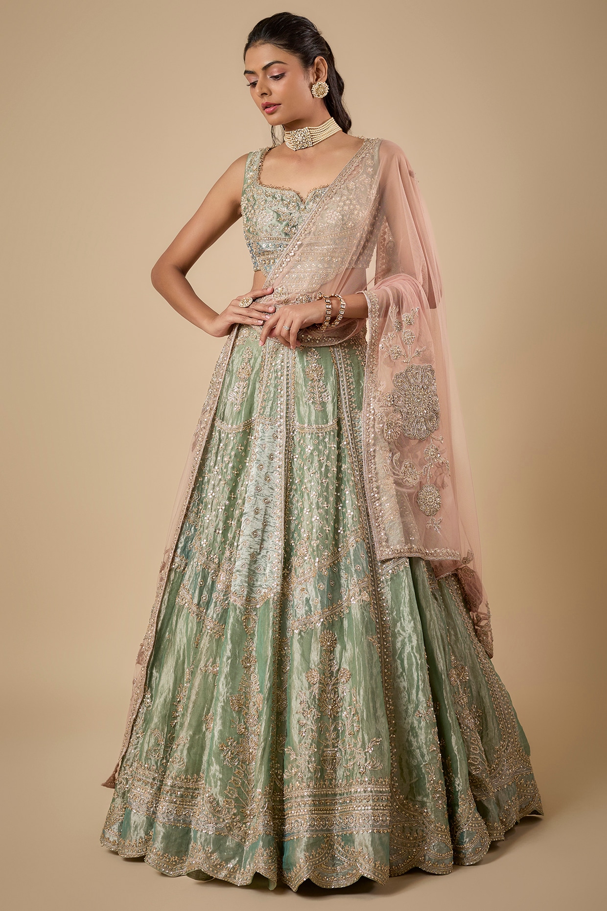 Ridhi Mehra Green Tissue Embroidered Lehenga Set