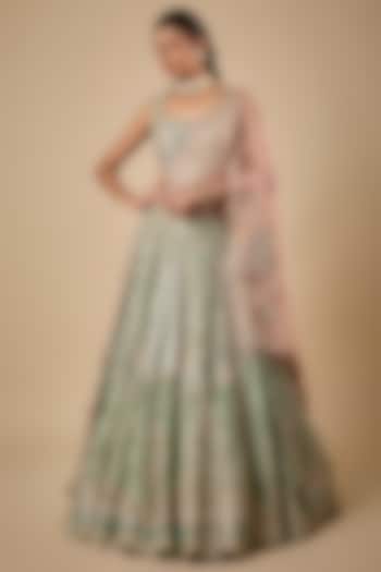 Green Tissue Embroidered Bridal Lehenga Set by Ridhi Mehra at Pernia's Pop Up Shop
