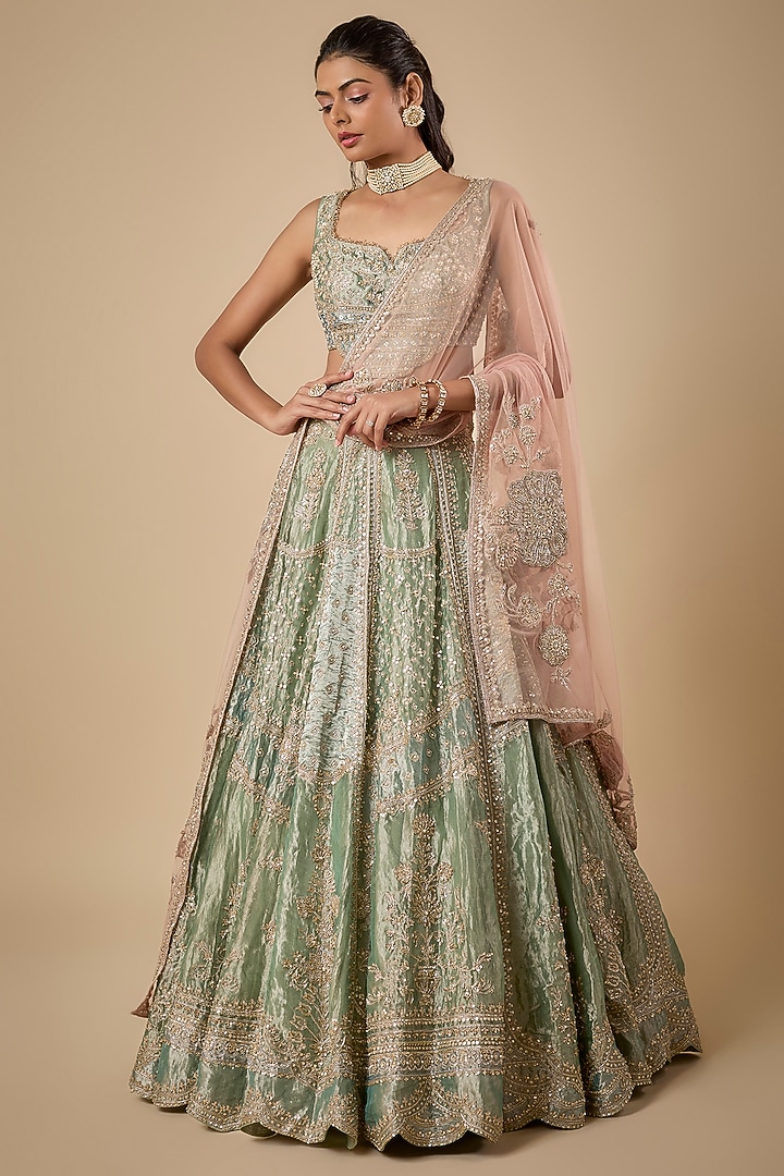 Green Tissue Embroidered Bridal Lehenga Set by Ridhi Mehra at Pernia's Pop Up Shop