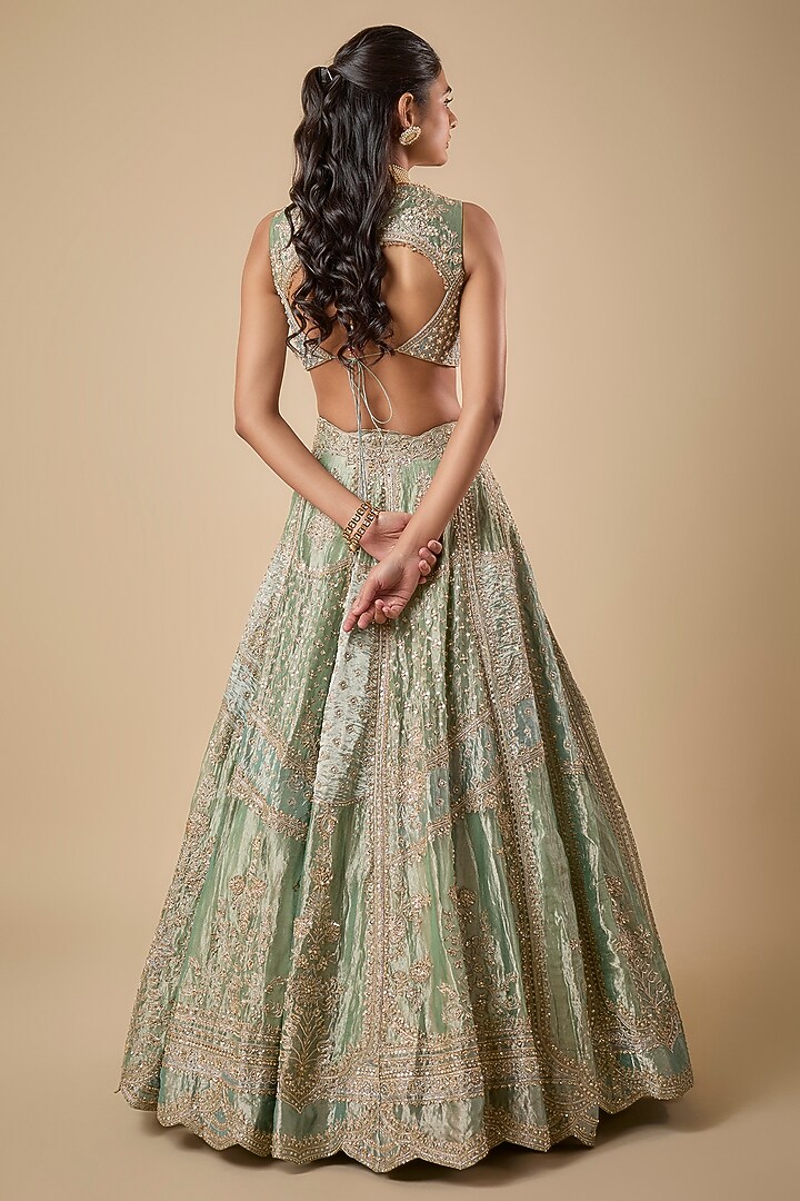 Green Tissue Embroidered Bridal Lehenga Set by Ridhi Mehra at Pernia's Pop Up Shop