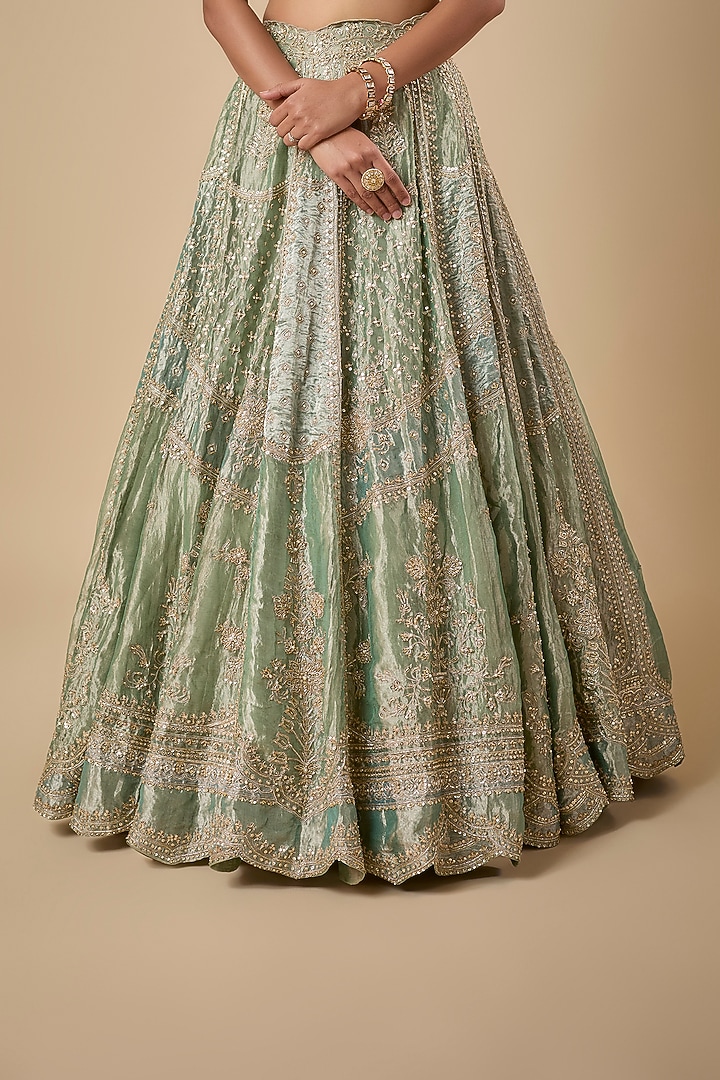 Green Tissue Embroidered Bridal Lehenga Set by Ridhi Mehra at Pernia's Pop Up Shop