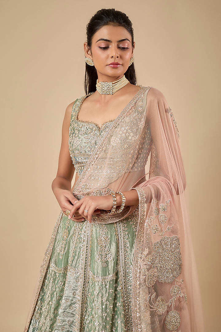 Green Tissue Embroidered Bridal Lehenga Set by Ridhi Mehra at Pernia's Pop Up Shop